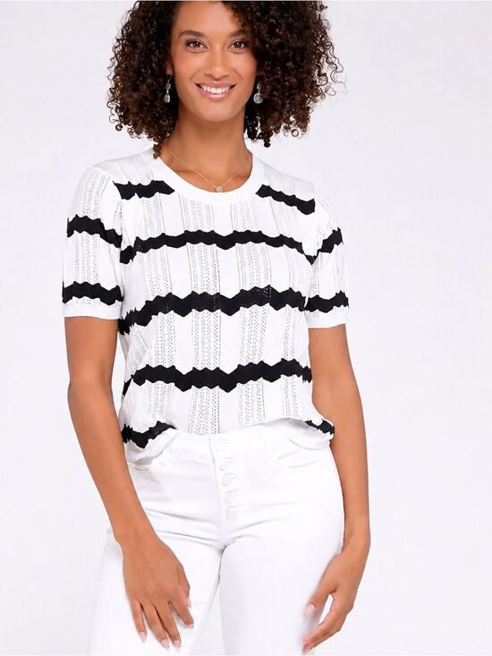 CAbi Tops - Cabi Pointelle Chevron Stripe Short Sleeve Sweater Knit Top M Coastal Nautical
